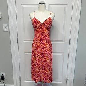 Express Floral Slip Orange Magenta Strappy Adjustable Tie Midi Dress Size 9/10